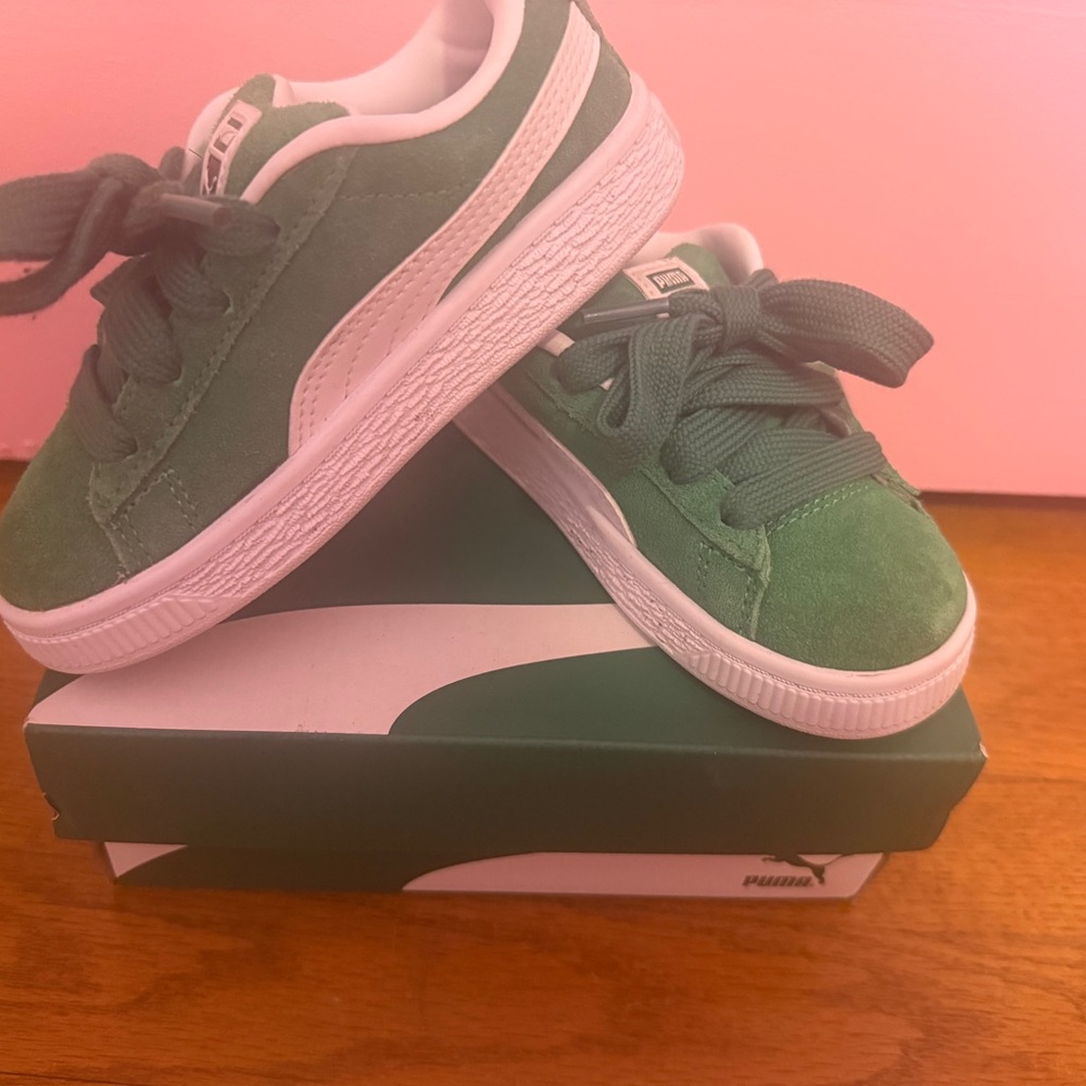 Puma Kids Green Suede Sneakers with White Formstrip